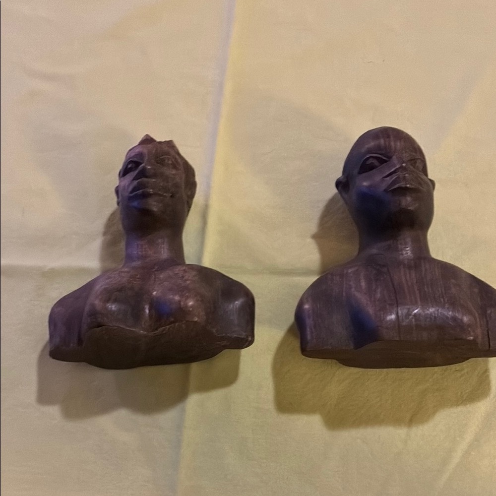Elegant Wooden African Man & Woman Bust Sculptures